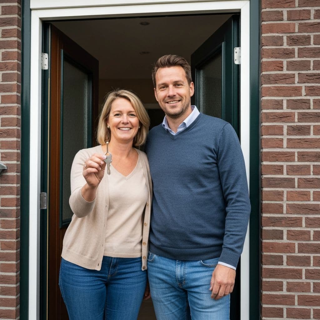 Nederlands koppel blij in de deuropening van hun nieuwe woning